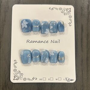 Large Size Blue and Silver Floral Press-On Nails